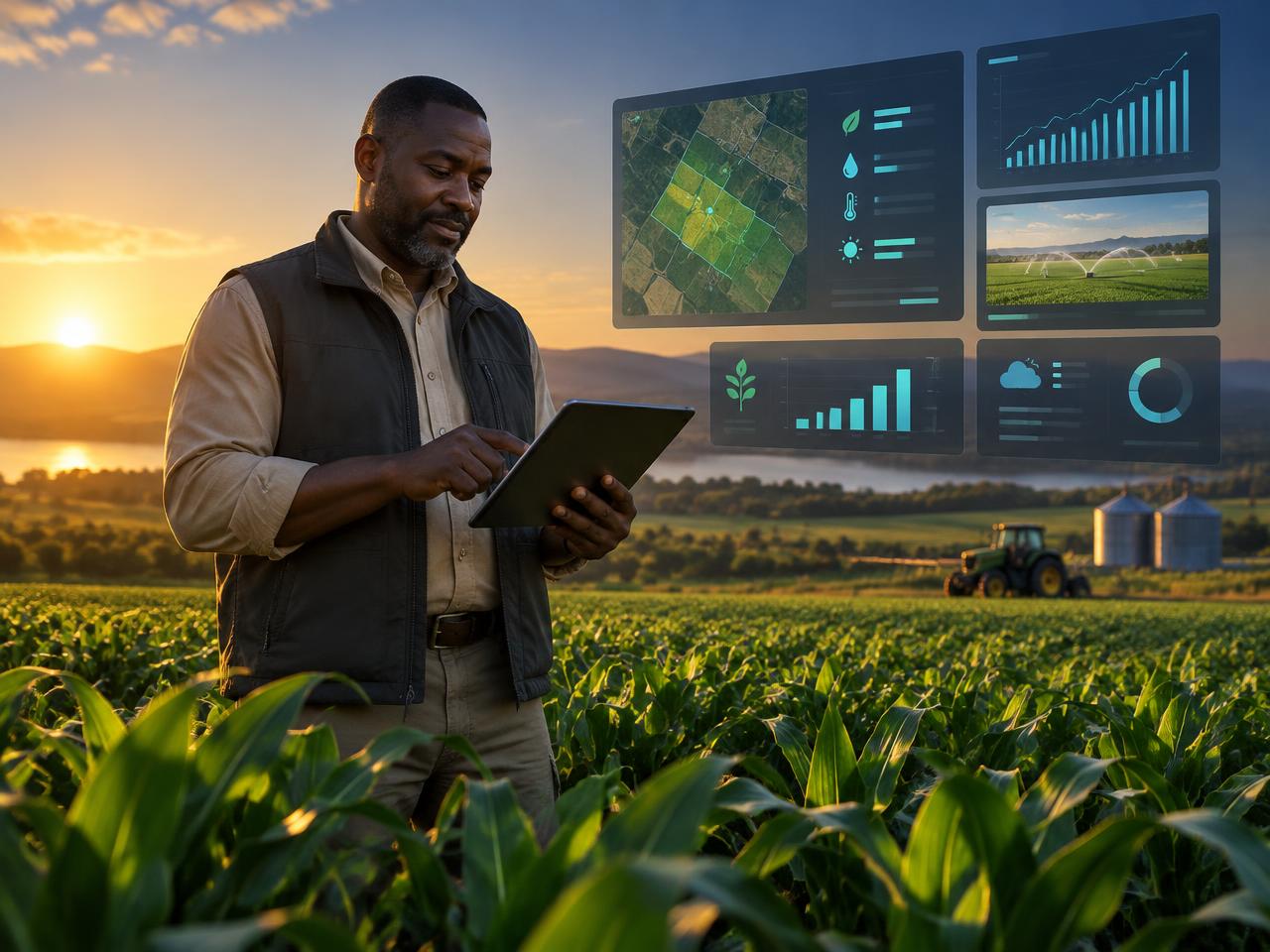 Farm manager reviewing a tablet in cultivated farmland at sunrise