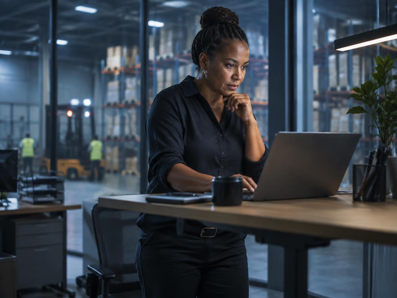 Business owner reviewing performance at a standing desk