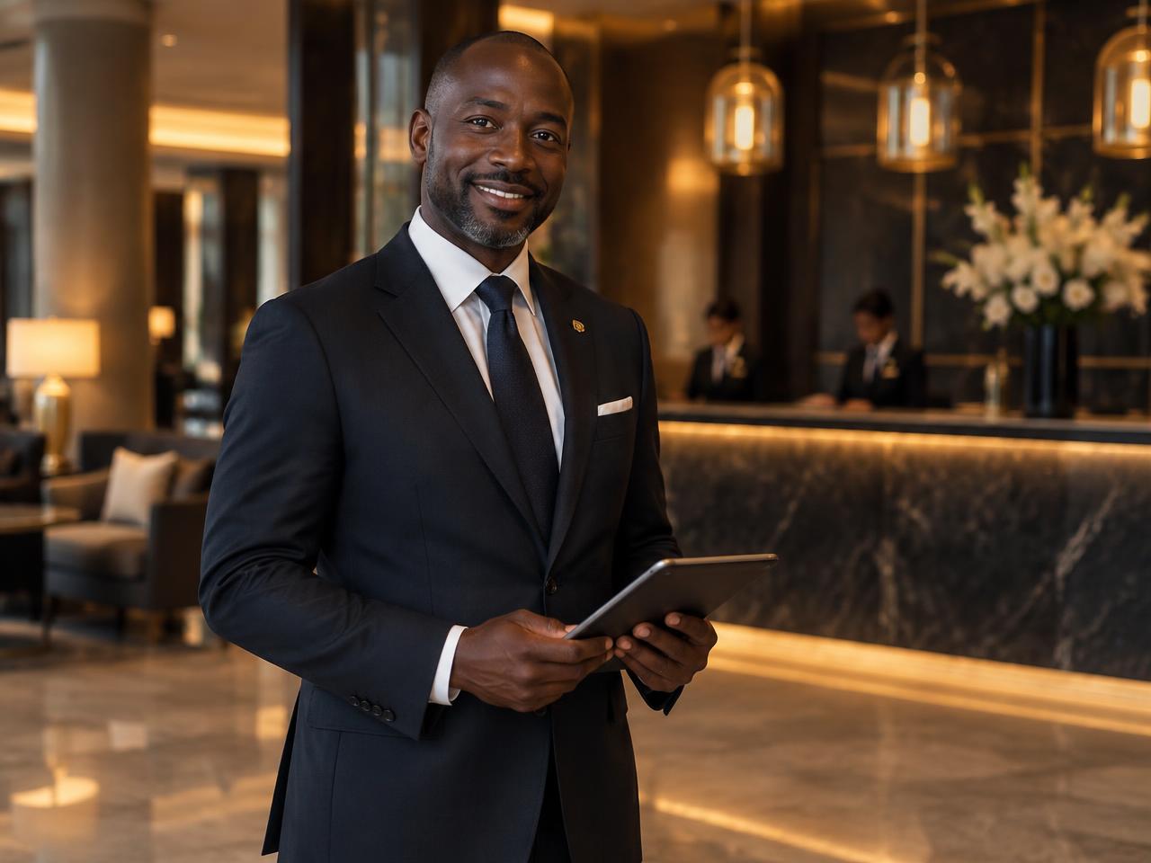 Hotel general manager with a tablet in a luxury hotel lobby