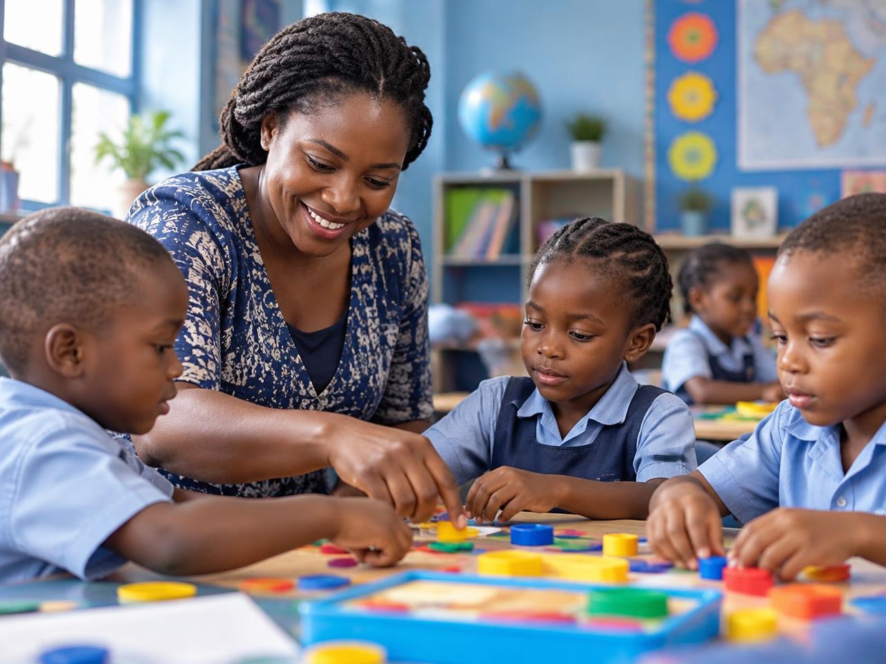 Primary school teacher guiding young pupils through a classroom learning activity