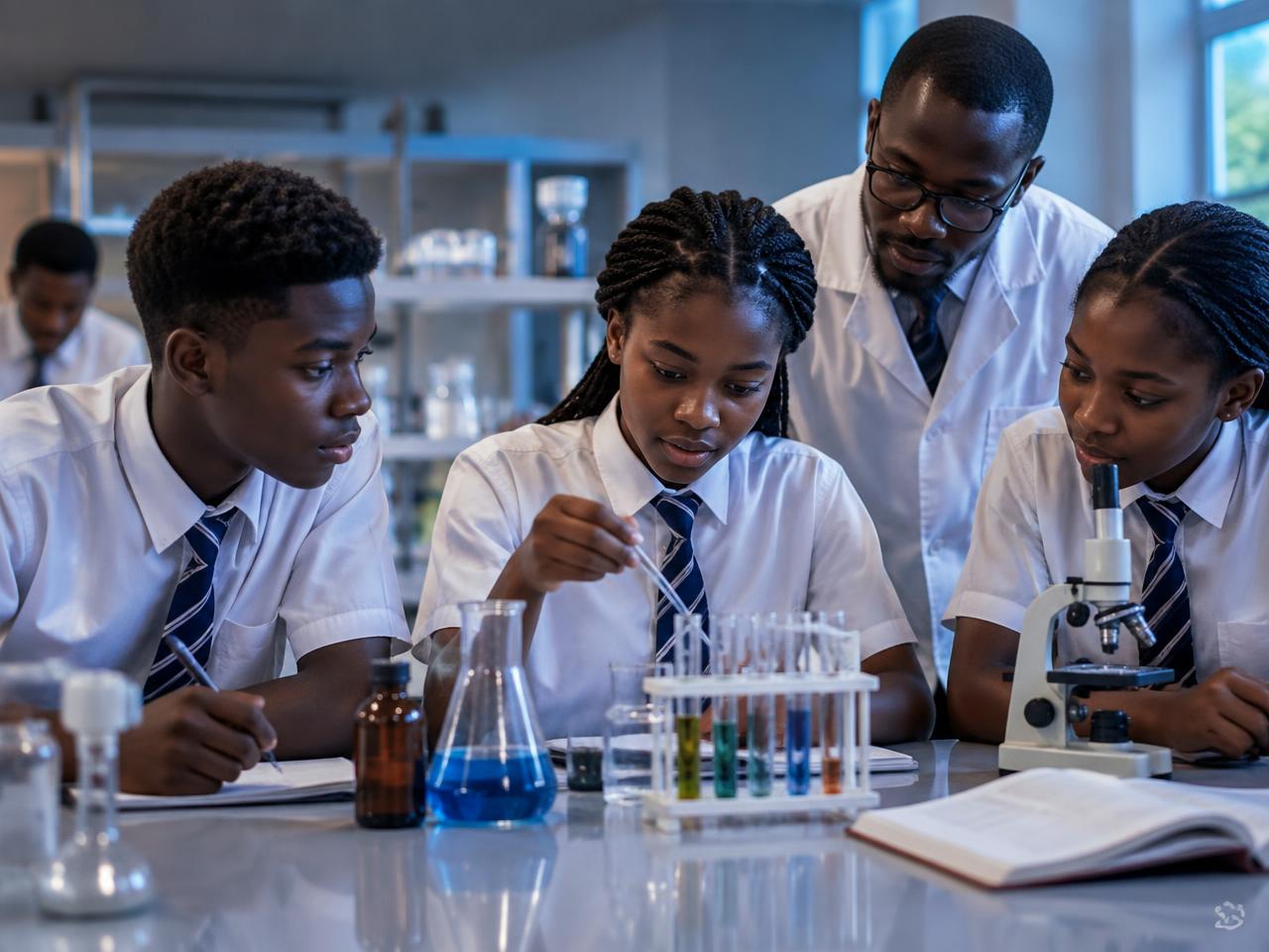 Secondary school students and their teacher working on a science experiment