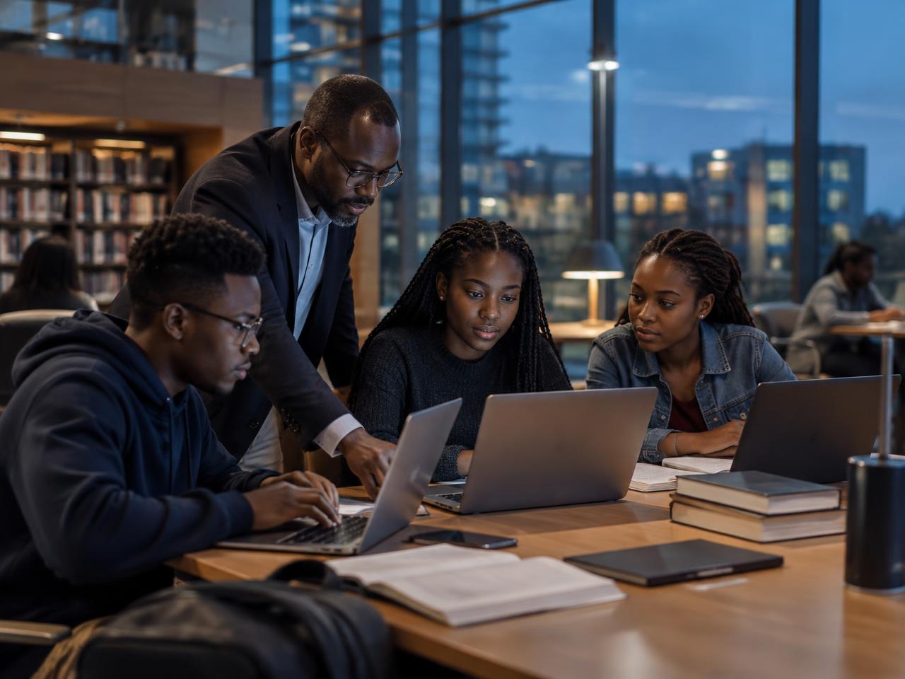 University students and a lecturer collaborating on laptops in a modern library