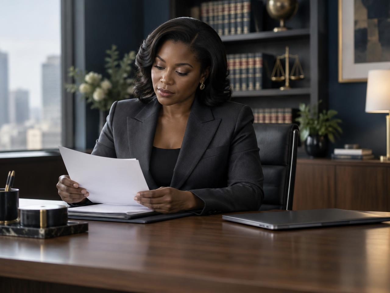Legal partner reviewing documents in a contemporary law office