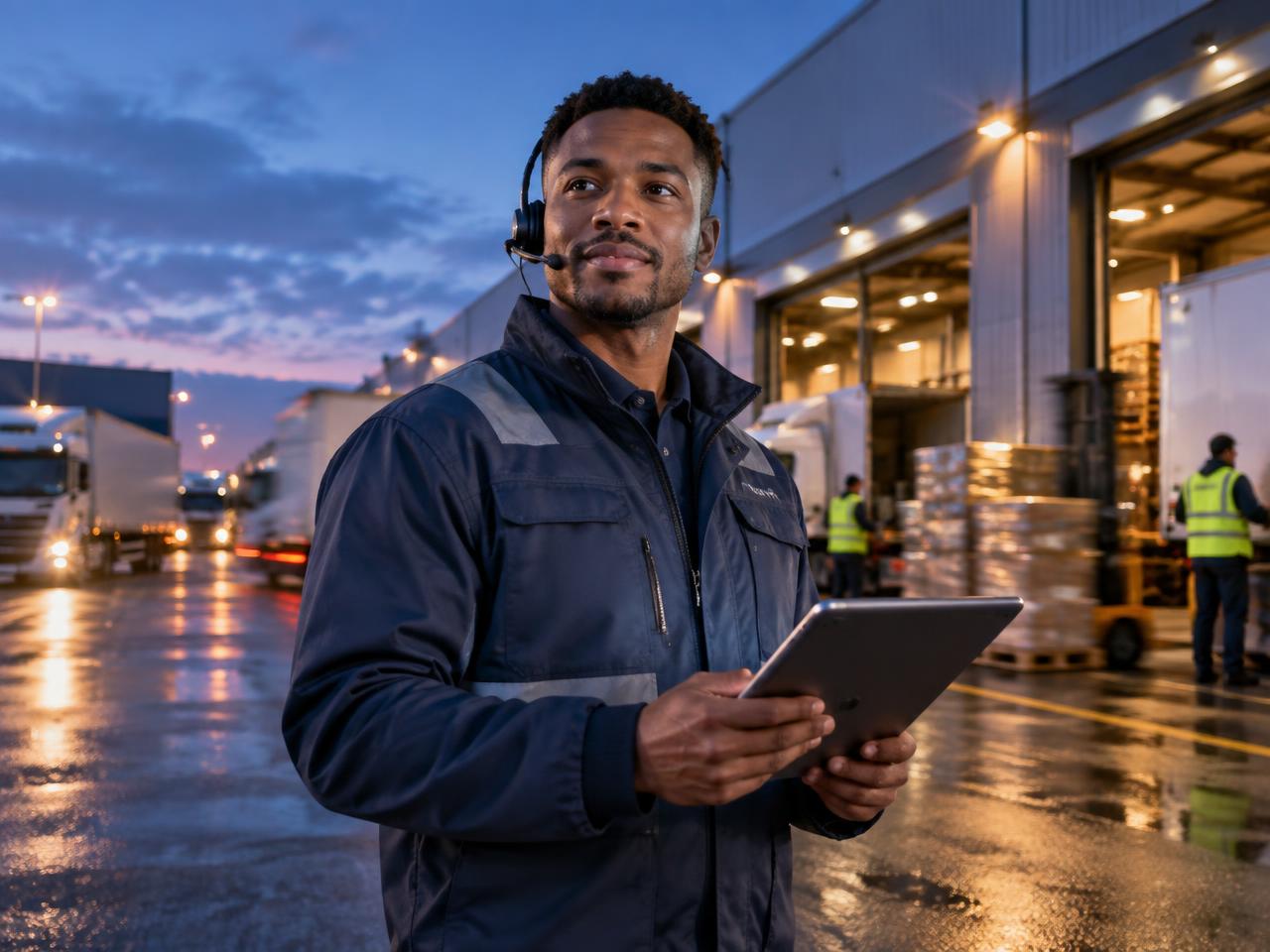 Logistics operations lead with a headset at a distribution centre