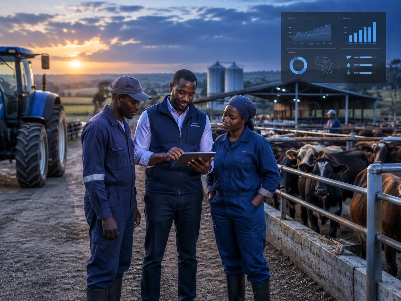 Farm manager and workers reviewing a tablet beside livestock pens