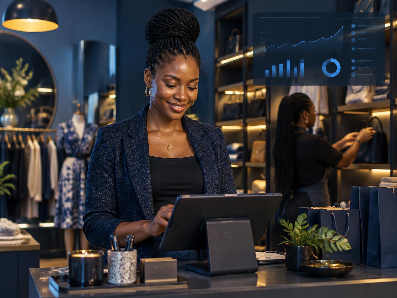 Boutique owner using a point-of-sale tablet while staff arrange stock