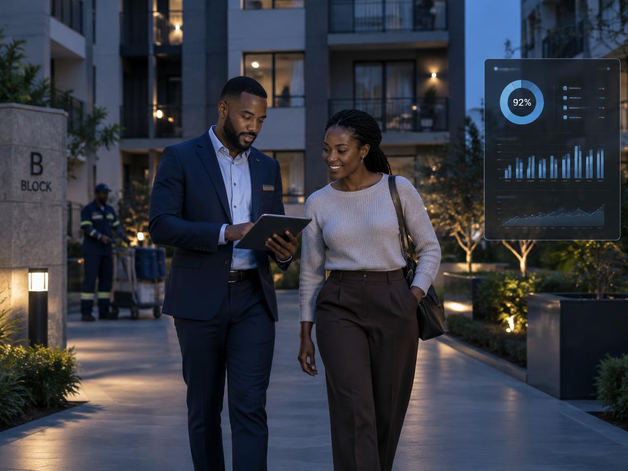 Property manager and tenant walking through an apartment courtyard