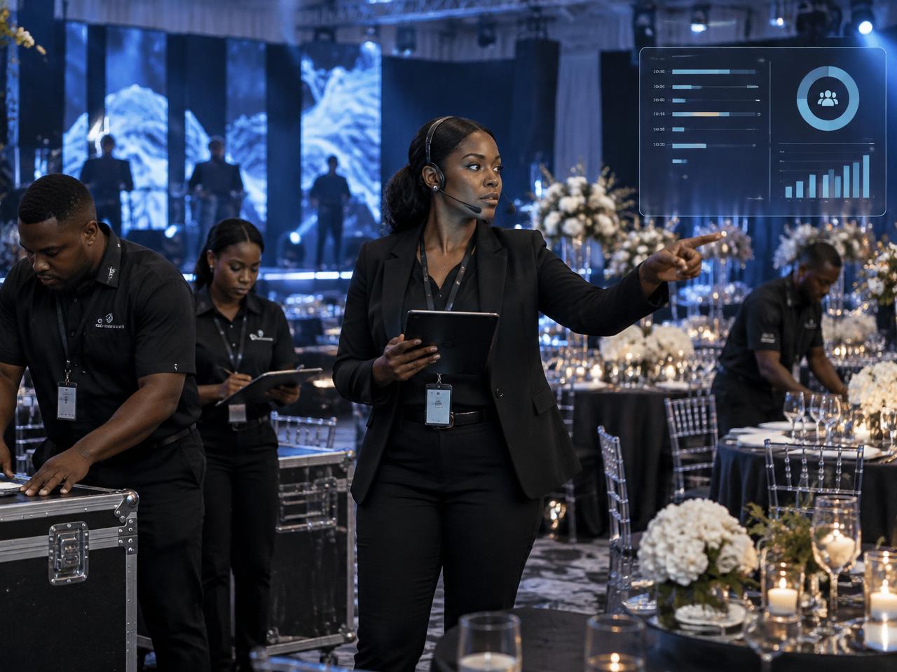 Event manager directing staff during venue setup