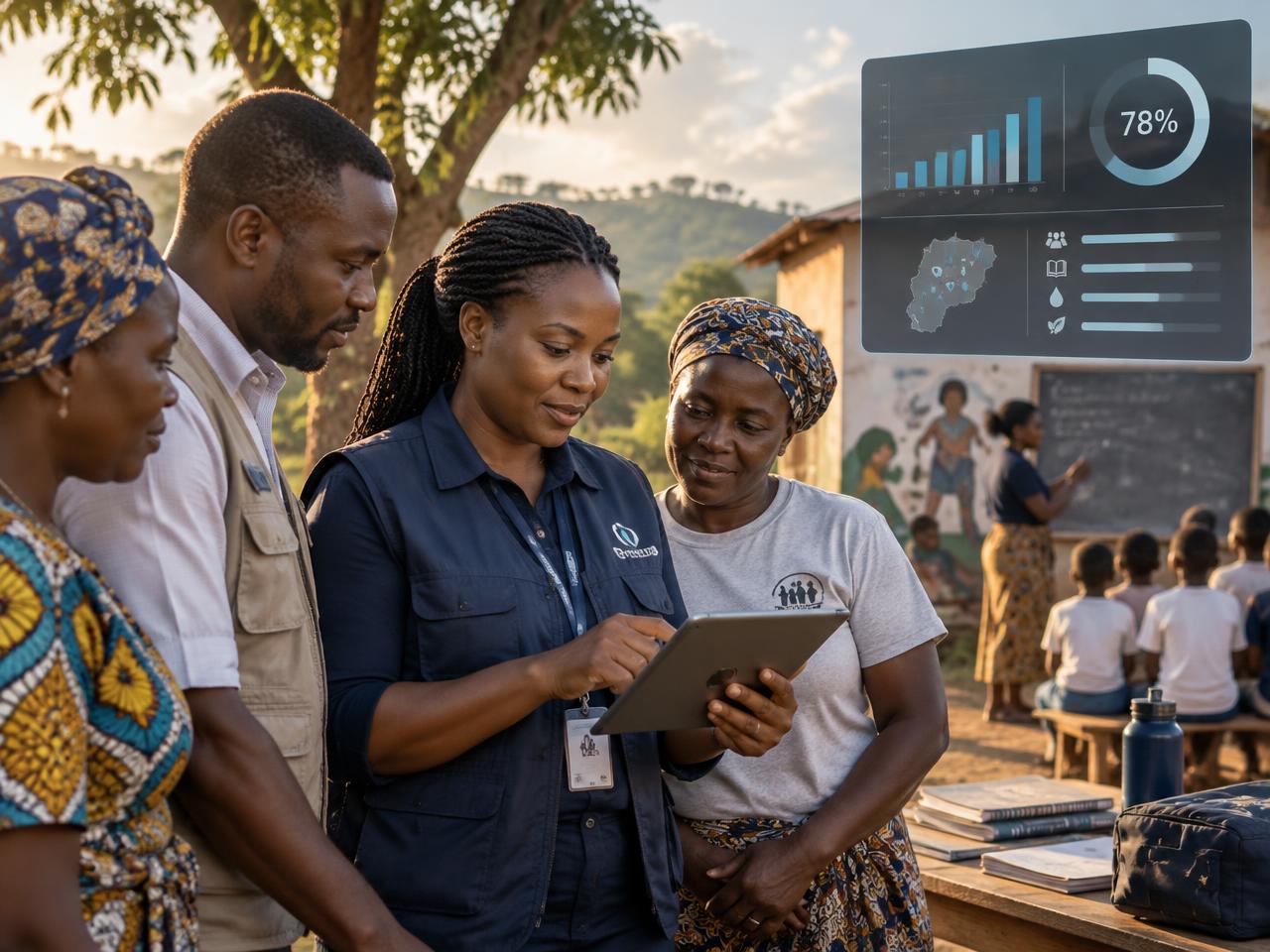 NGO programme manager reviewing plans with community volunteers