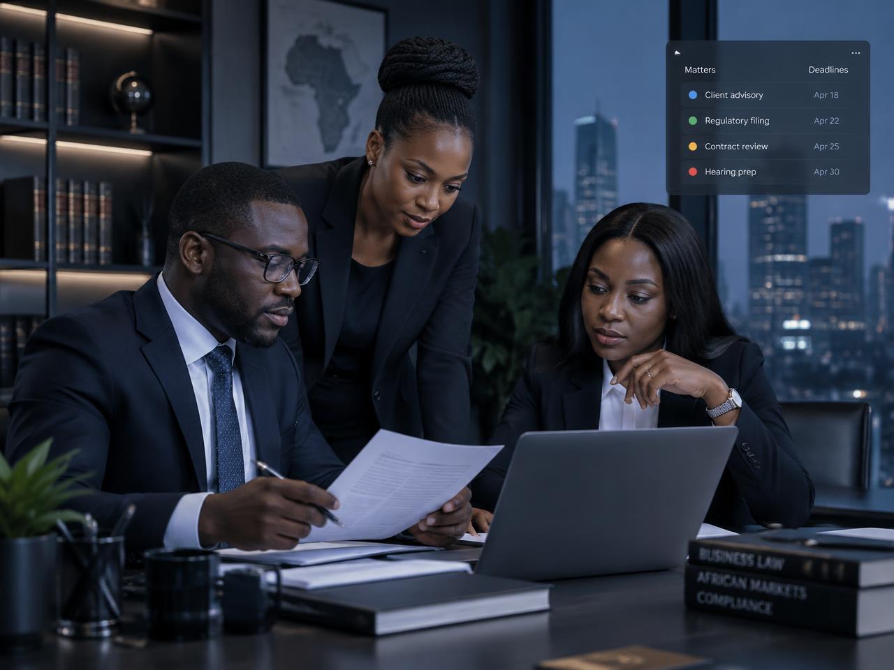 Legal professionals reviewing documents around a laptop