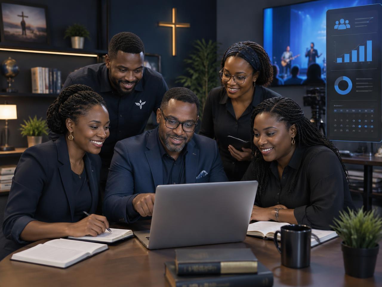 Church leadership team planning together around a laptop