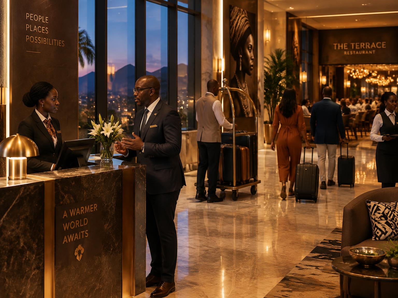 Hotel manager at the front desk while staff and guests move through the lobby