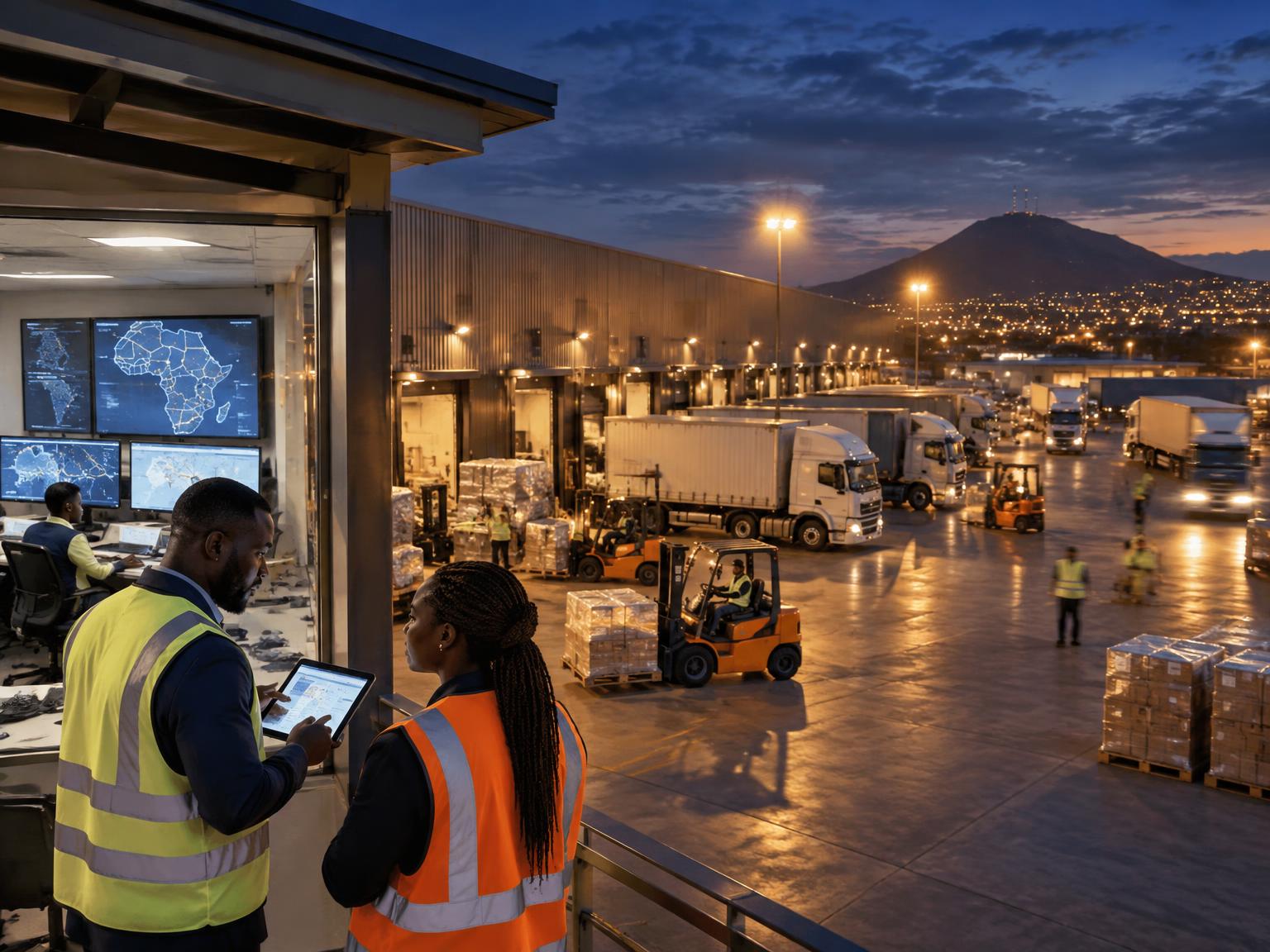 Operations managers coordinating a busy distribution yard of trucks and forklifts