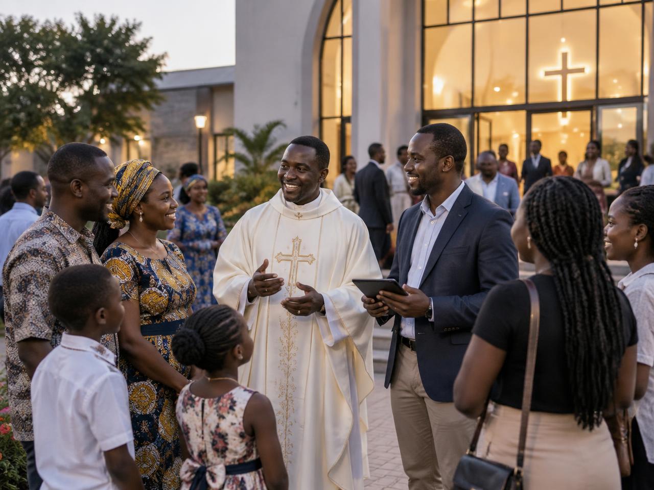 Parish priest and administrator greeting families in the church courtyard
