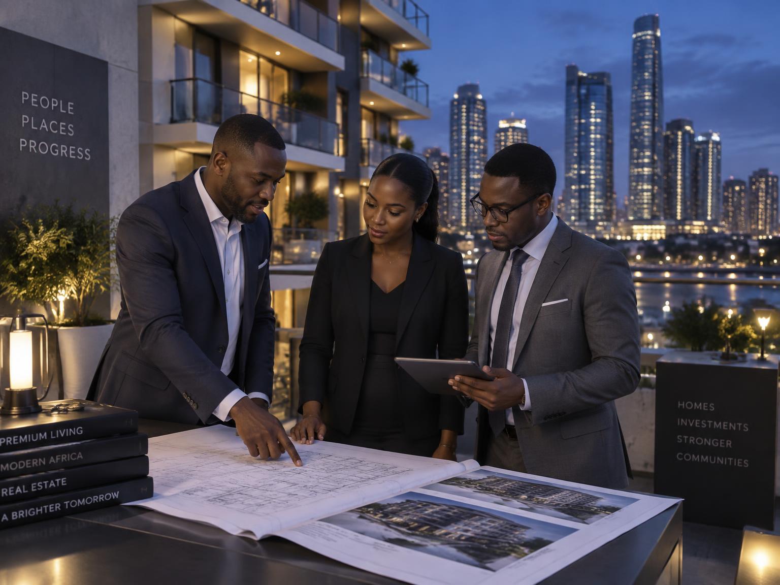 Real estate team reviewing development plans on a terrace at dusk