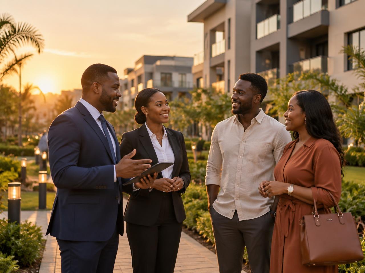 Estate managers talking with residents in a landscaped residential estate at sunset