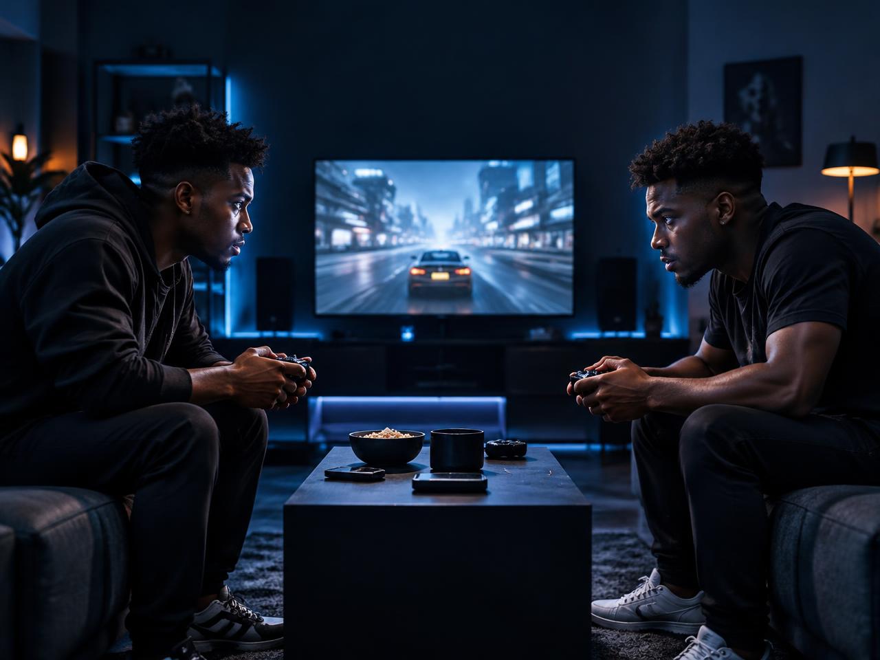 Two young gamers facing off in a competitive match in a modern gaming lounge