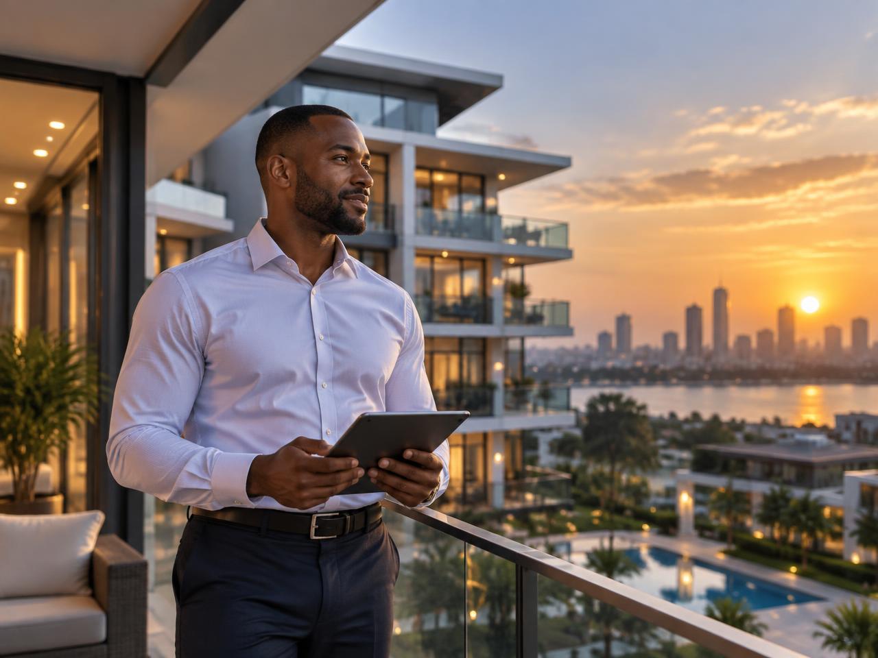 Property developer on the balcony of a modern residential development