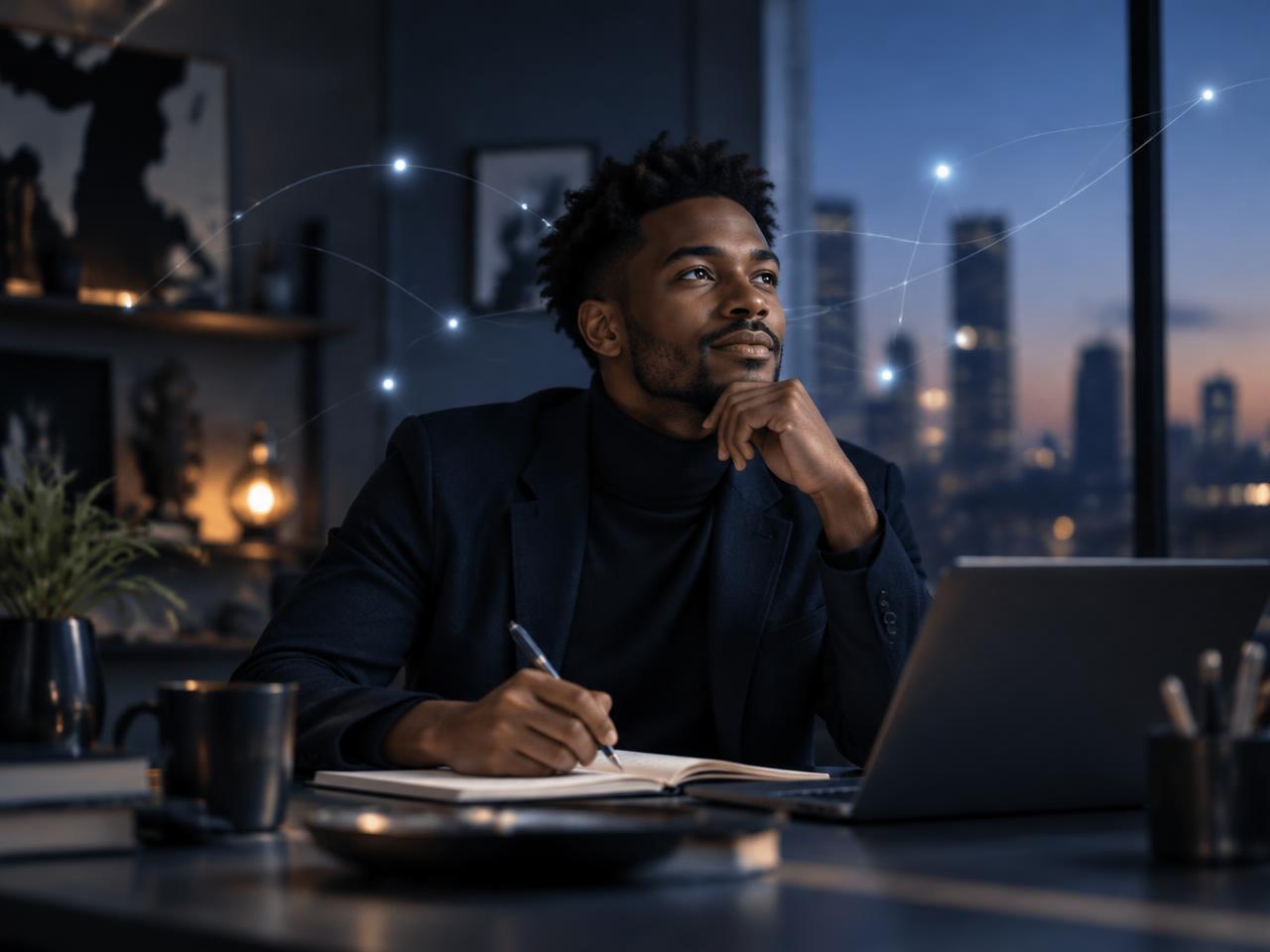 Young entrepreneur planning at a desk in a contemporary studio at dusk