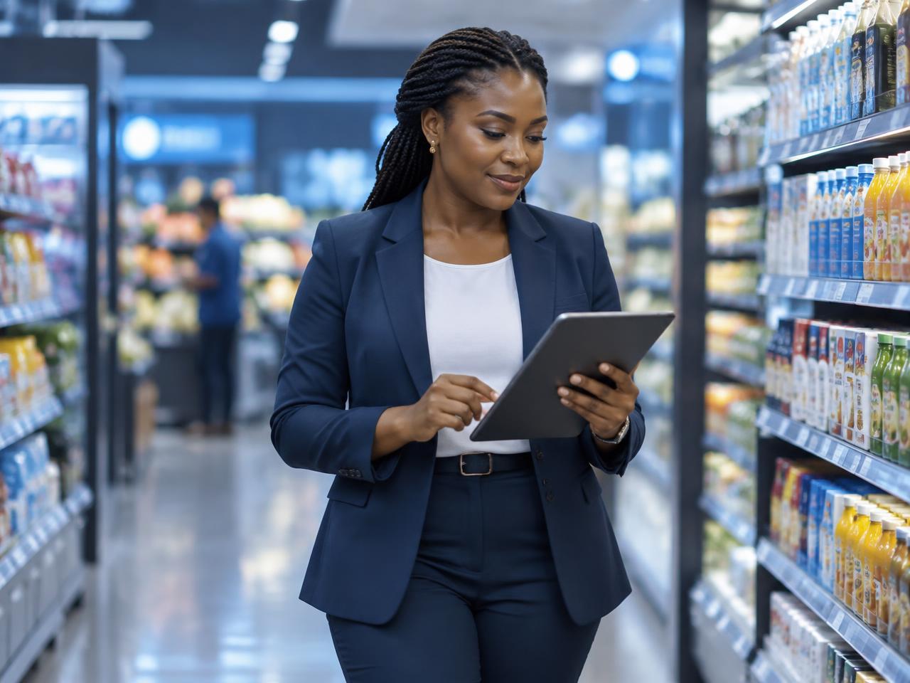 Retail operations manager using a tablet in a supermarket aisle
